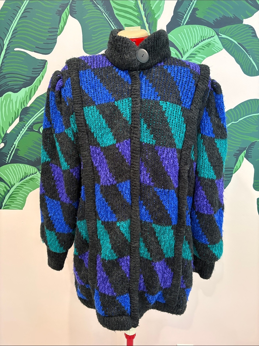 Vintage 1980s Black Geometric Sweater Knit Coat with Blue & Teal Accents